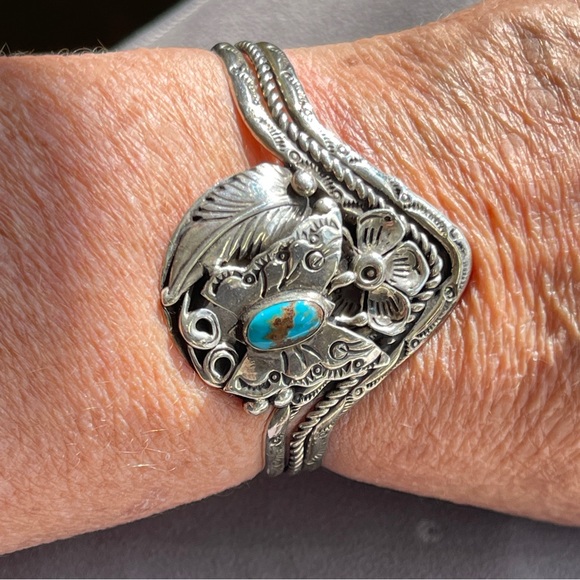 SOLD Jimmy F. Calabaza Signed Turquoise Sterling Silver Butterfly Kewa Bracelet - Picture 9 of 13